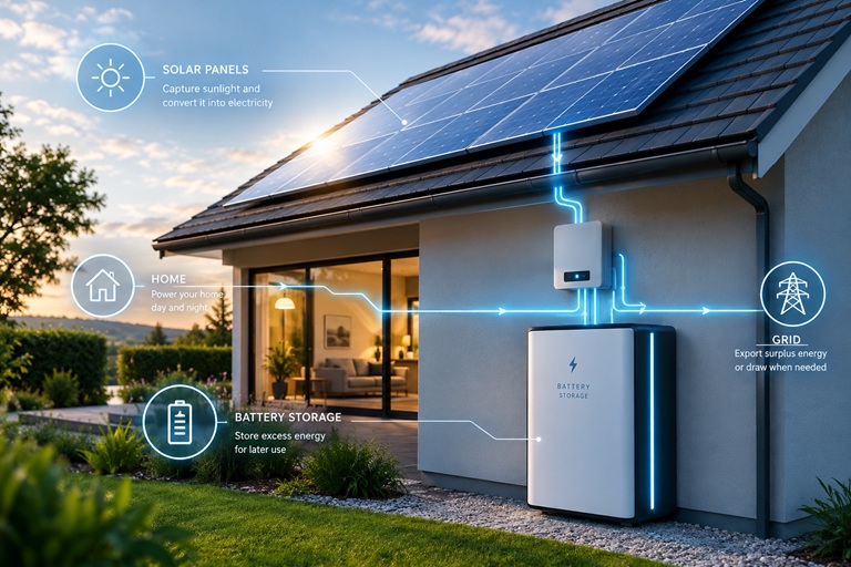 A house in the UK with solar panels & battery storage unit